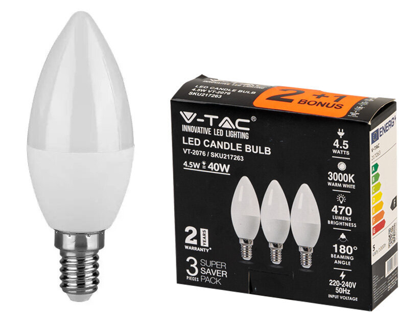 LED lempa 3 pak., E14/B35/4.5W/470lm/3000K kaina ir informacija | Elektros lemputės | pigu.lt