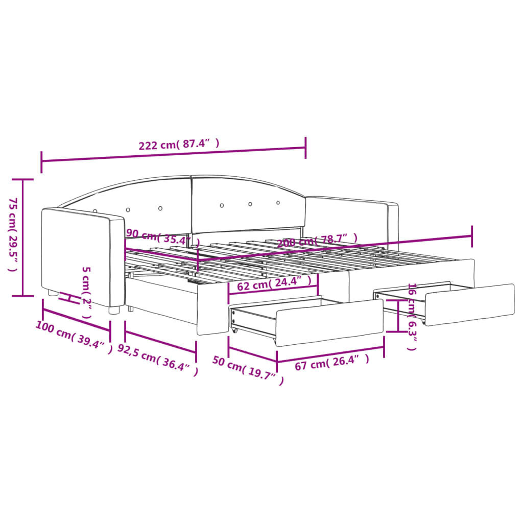 Sofa-lova vidaXL, 90x200 cm, juoda kaina ir informacija | Lovos | pigu.lt