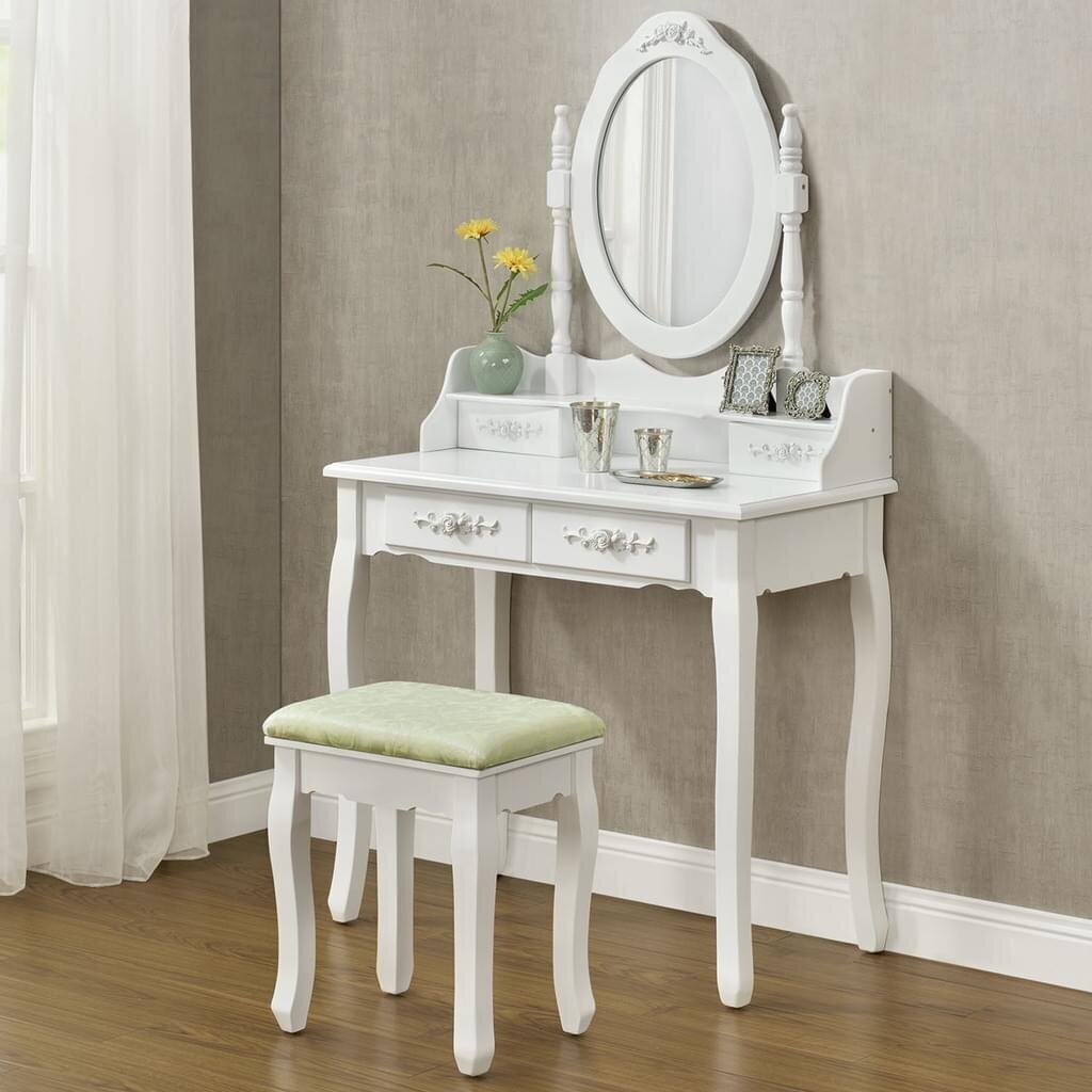 Makiažo staliukas su veidrodžiu ir kėdute Beauty System Mira, baltas kaina ir informacija | Kosmetiniai staliukai | pigu.lt