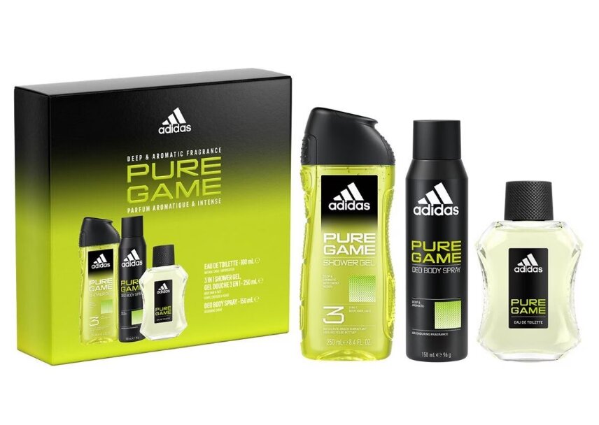 Rinkinys Adidas Pure Game vyrams: tualetinis vanduo EDT, 100 ml + dušo žėlė, 250 ml + purškiamas dezodorantas, 150 ml kaina ir informacija | Kvepalai vyrams | pigu.lt