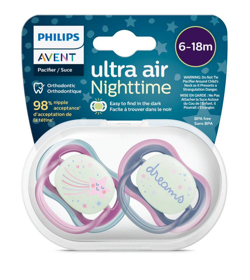 Naktiniai čiulptukai Philips Avent Ultra Air SCF376/14, 6-18 mėn, 2 vnt. цена и информация | Čiulptukai | pigu.lt