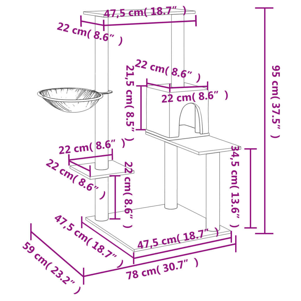 Draskyklė katėms su stovais vidaXL, smėlinė, 95cm kaina ir informacija | Draskyklės | pigu.lt