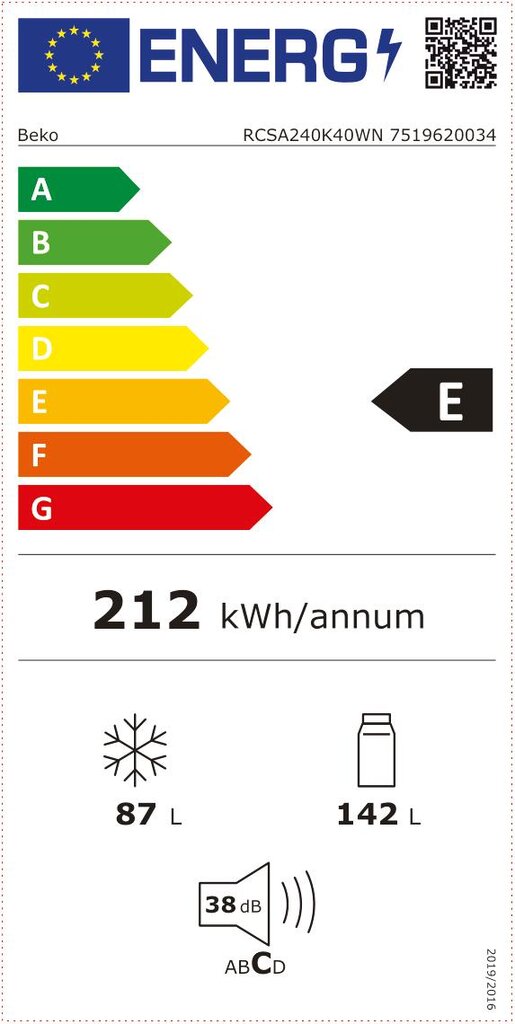 Beko RCSA240K40WN kaina ir informacija | Šaldytuvai | pigu.lt