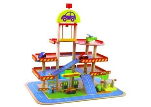 Medinis daugiaaukštis garažas su priedais Lean Toys, mėlyna/raudona, 11 d. kaina ir informacija | Žaislai berniukams | pigu.lt