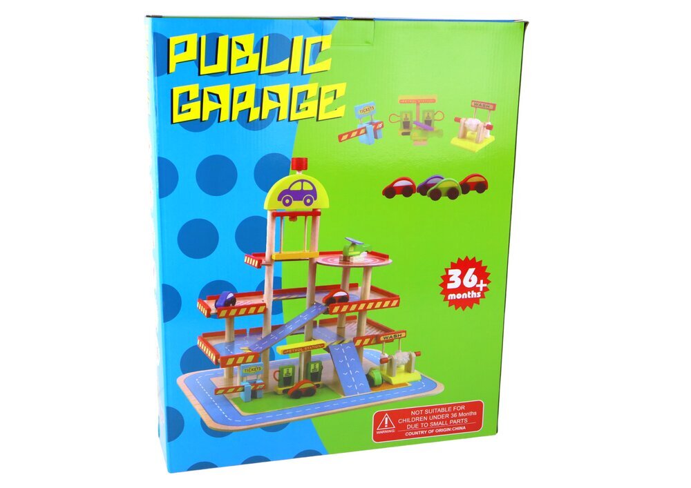 Medinis daugiaaukštis garažas su priedais Lean Toys, mėlyna/raudona, 11 d. kaina ir informacija | Žaislai berniukams | pigu.lt