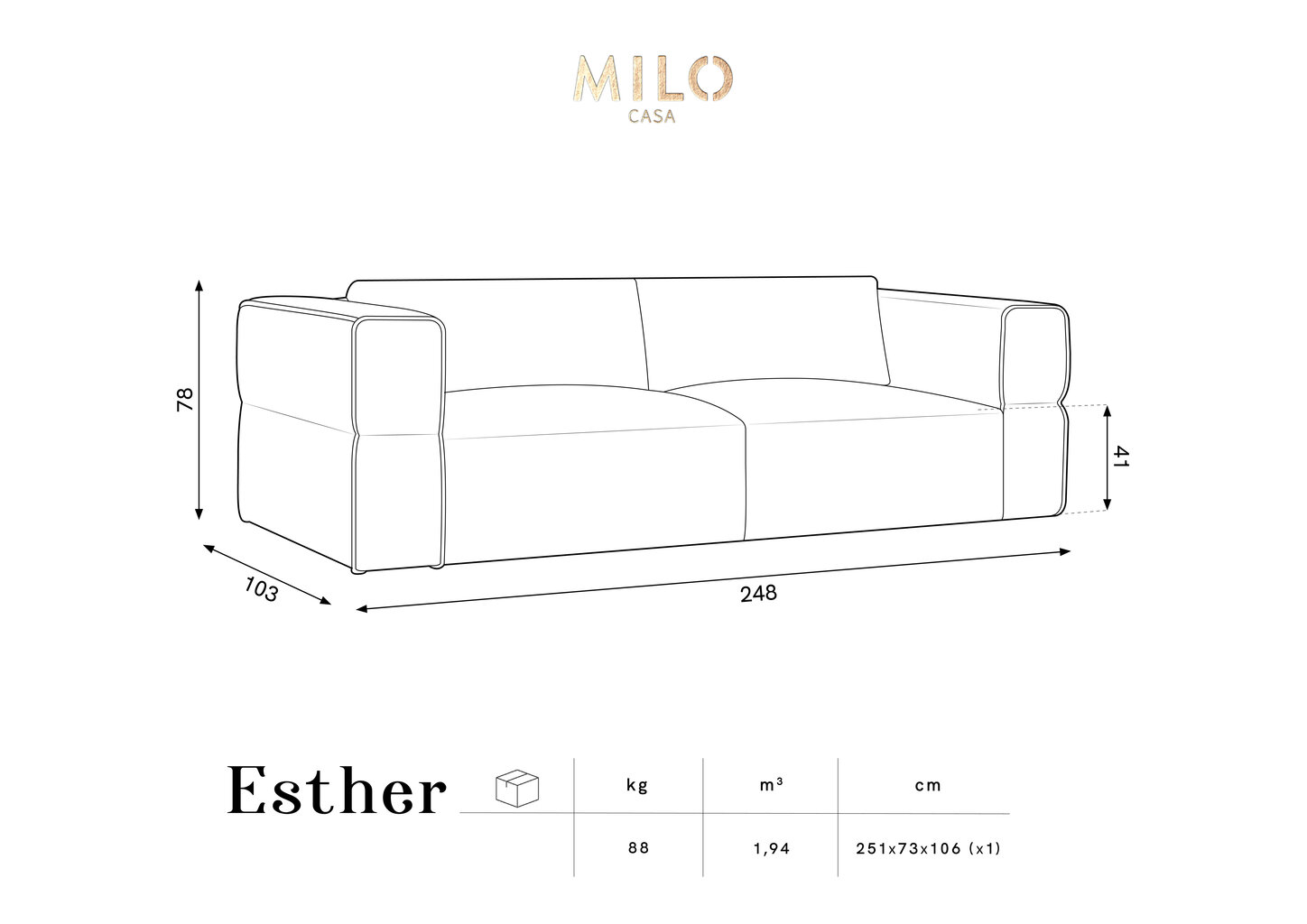Sofa Milo Casa Esther, 248x103x78 cm, pilka kaina ir informacija | Sofos | pigu.lt