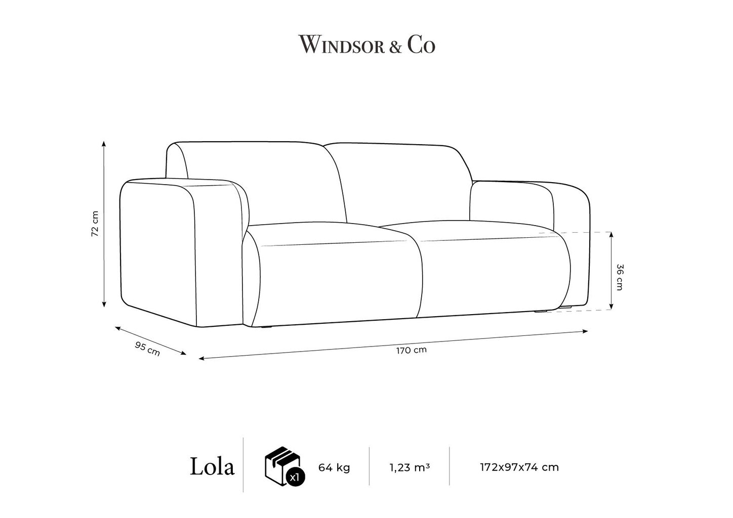 Dvivietė Sofa Windsor & Co Lola, 170x95x72 cm, šviesiai pilka kaina ir informacija | Sofos | pigu.lt