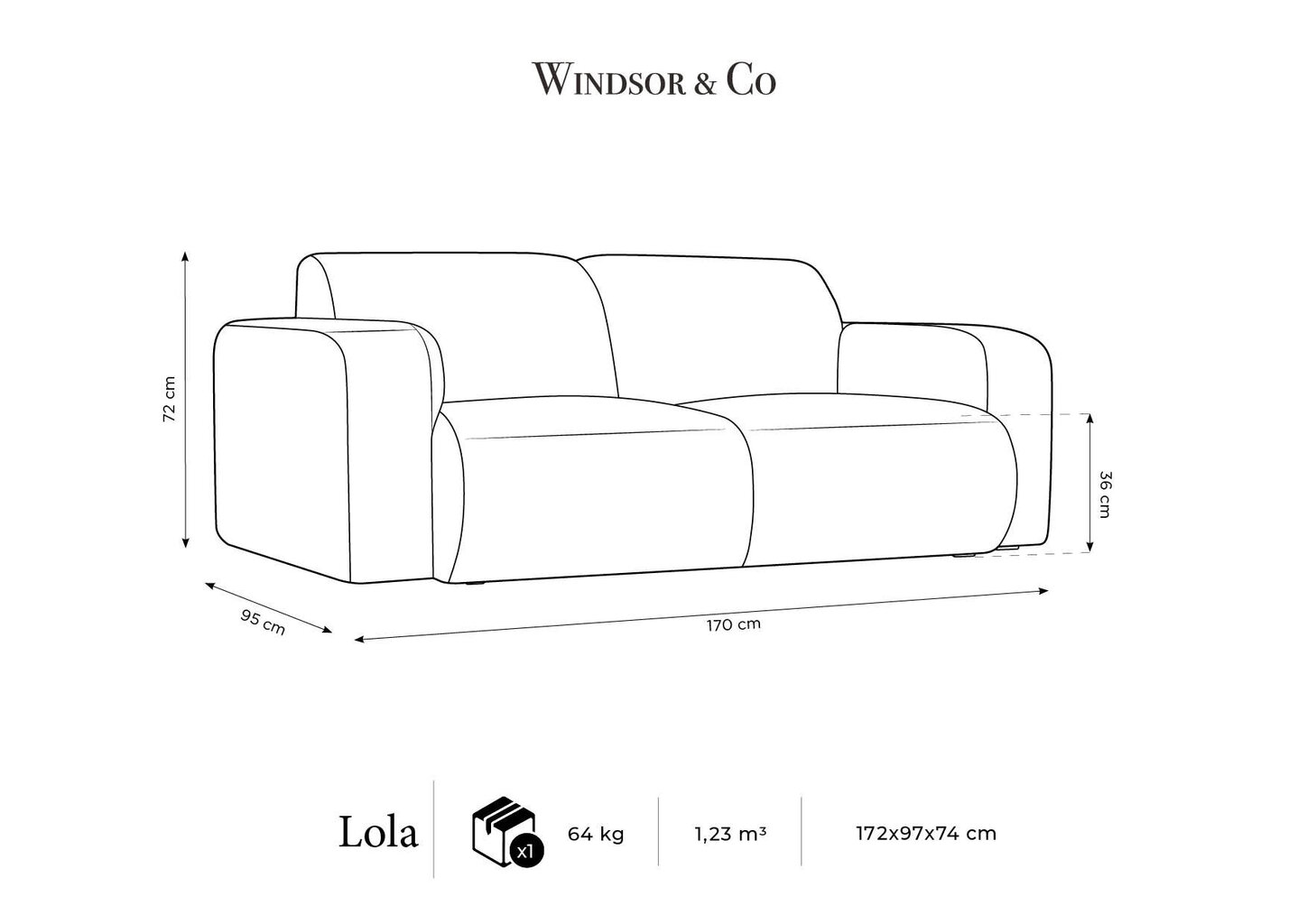 Dvivietė Sofa Windsor & Co Lola, 170x95x72 cm, juoda kaina ir informacija | Sofos | pigu.lt