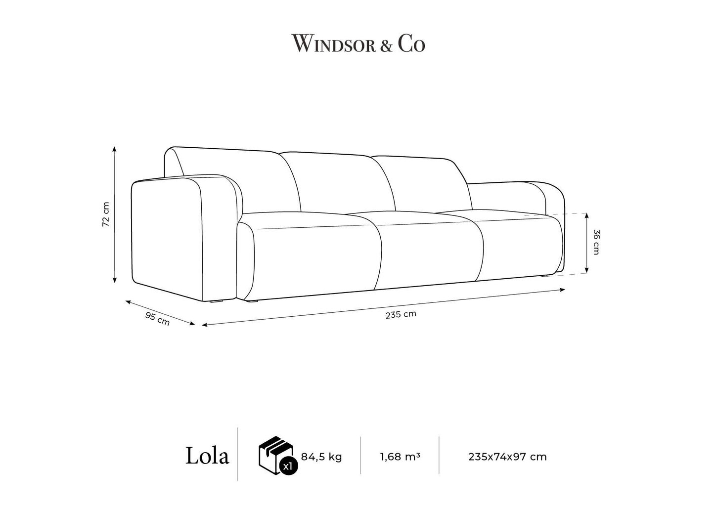 Trivietė Sofa Windsor & Co Lola, 235x95x72 cm, tamsiai pilka kaina ir informacija | Sofos | pigu.lt