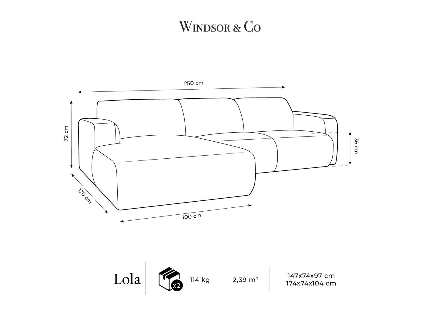 Keturvietė kairinė sofa Windsor & Co Lola, 250x170x72 cm, tamsiai mėlyna kaina ir informacija | Minkšti kampai | pigu.lt