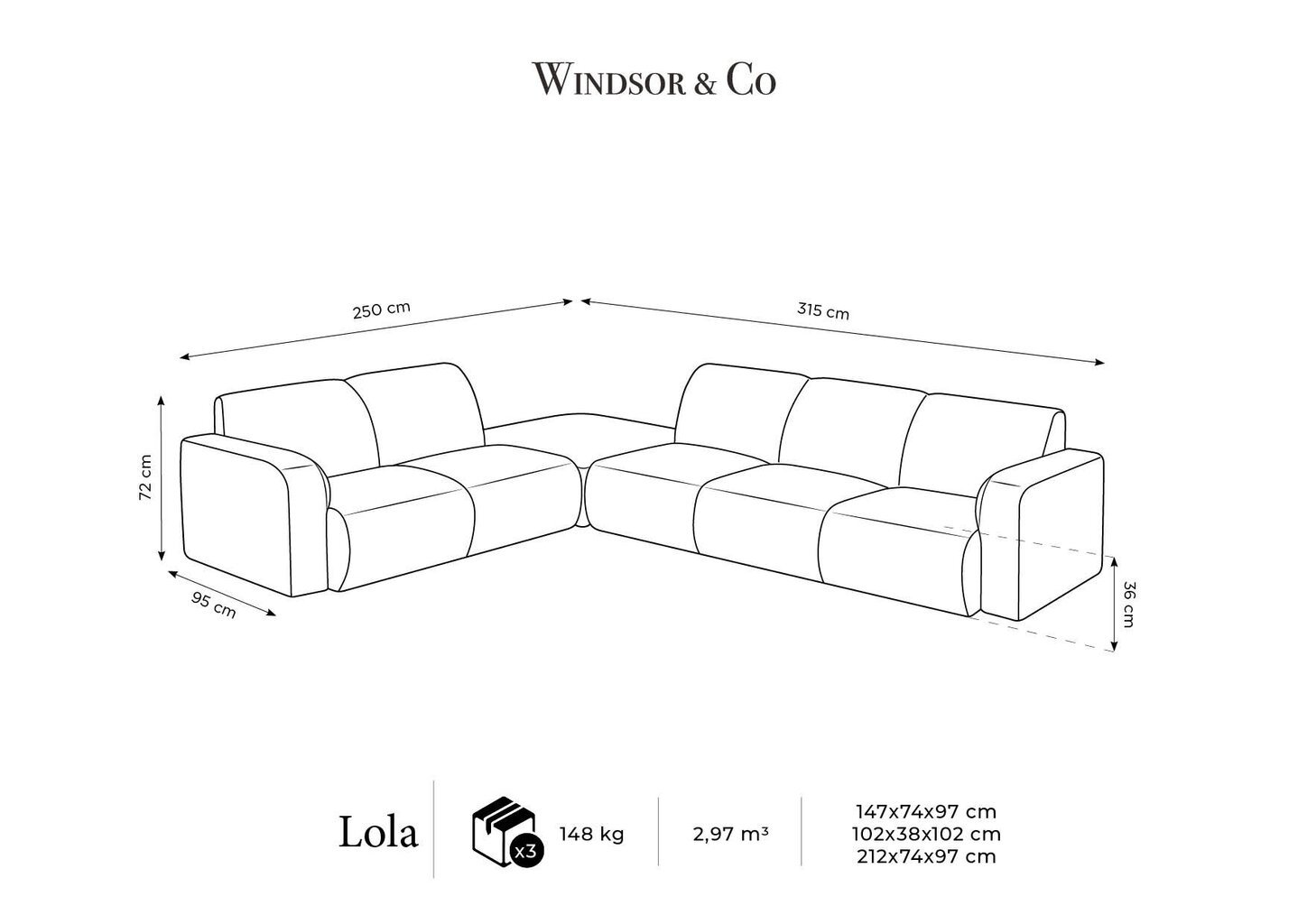Šešiavietė kairinė sofa Windsor & Co Lola, 315x250x72 cm, tamsiai mėlyna kaina ir informacija | Minkšti kampai | pigu.lt