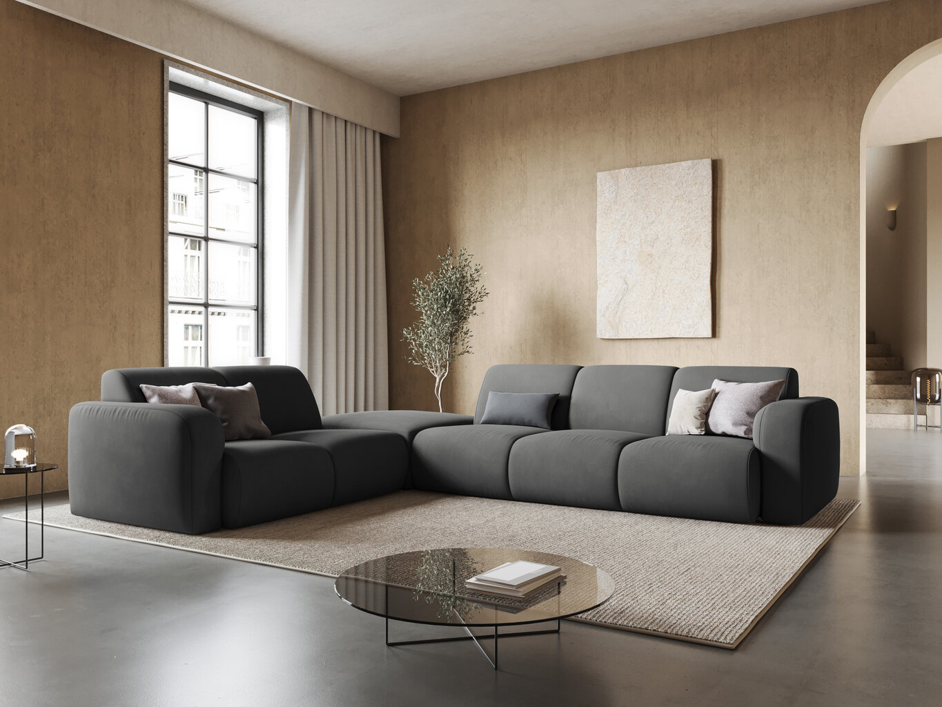 Kairinė kampinė sofa Windsor & Co Lola, 315x250x72 cm, tamsiai pilka kaina ir informacija | Minkšti kampai | pigu.lt