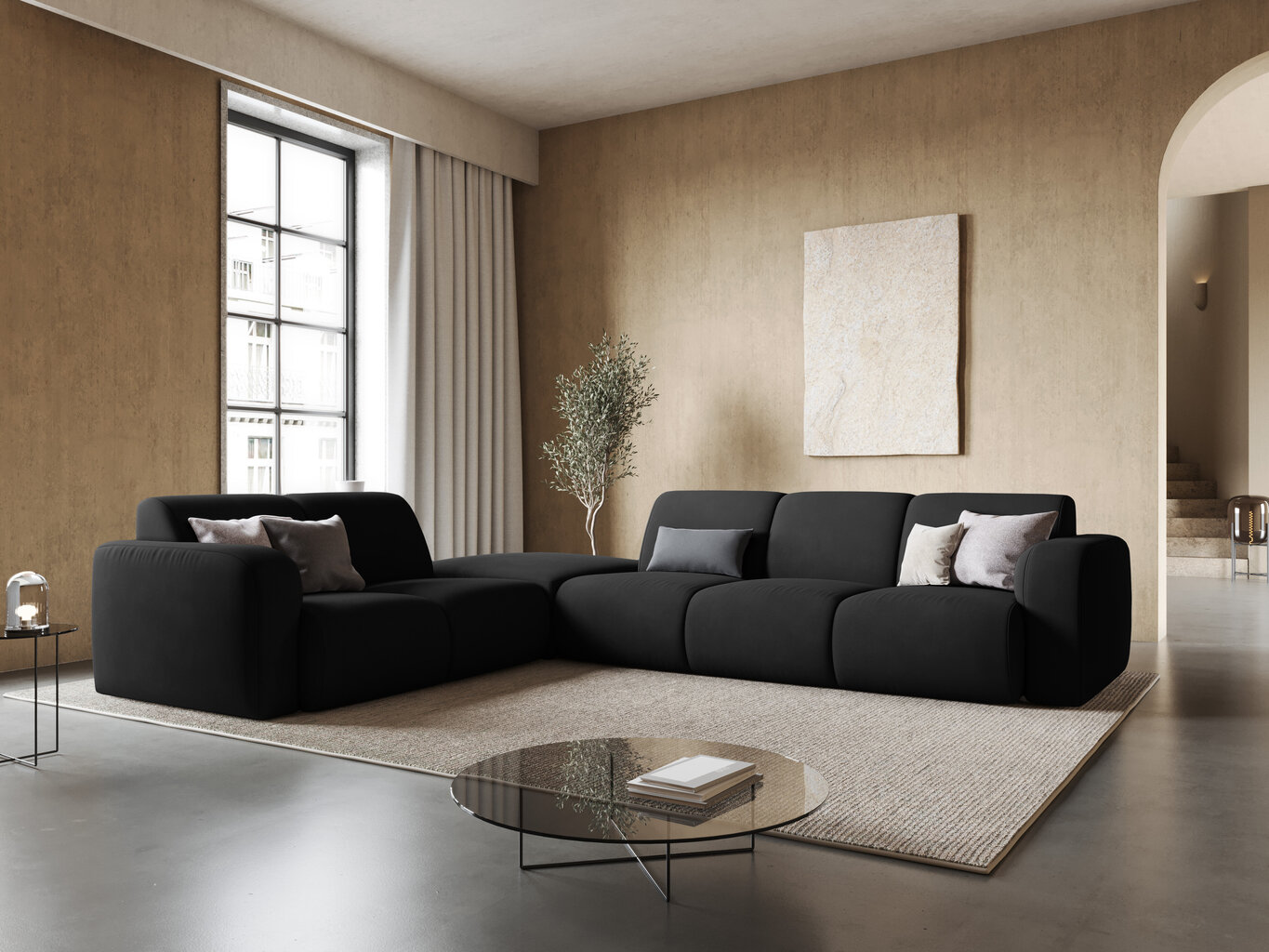 Kairinė kampinė sofa Windsor & Co Lola, 315x250x72 cm, juoda kaina ir informacija | Minkšti kampai | pigu.lt