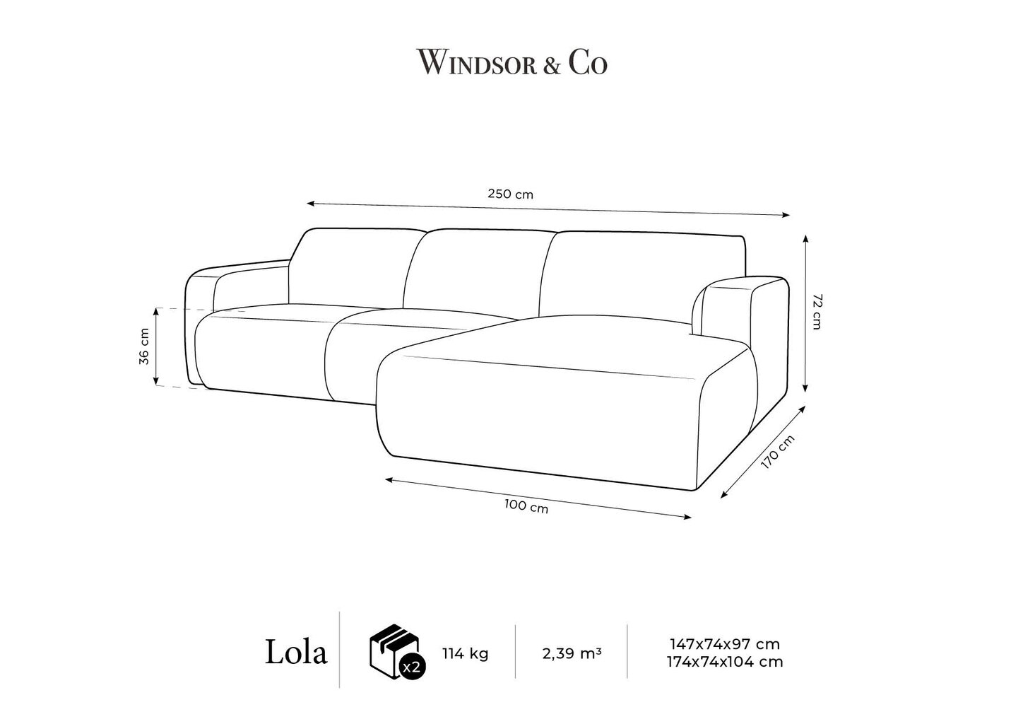 Dešininė sofa Windsor & Co Lola, 250x170x72 cm, juoda kaina ir informacija | Minkšti kampai | pigu.lt