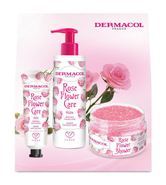 Rinkinys kūno priežūrai Dermacol Rose Flower Care I moterims: rankų muilas, 250 ml + kūno šveitiklis, 200 g + rankų kremas, 30 ml kaina ir informacija | Kūno kremai, losjonai | pigu.lt