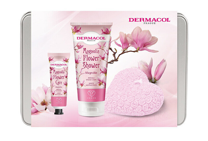 Rinkinys kūno priežiūrai Dermacol Magnolia Flower Care I moterims: dušo žėlė, 200 + rankų kremas, 30 ml + kvapioji žvakė + kosmetinė kaina ir informacija | Dušo želė, aliejai | pigu.lt