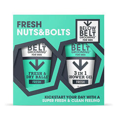 Rinkinys Below the Belt Grooming Fresh Nuts & Bolts Gift Set, vyrams: dezodorantas Fresh & Dry Balls Cool, 75 ml + 3 in 1 dušo žėlė, 75 ml kaina ir informacija | Dušo želė, aliejai | pigu.lt