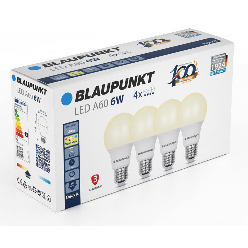 Blaupunkt LED lamp E27 6W 4vnt, šiltai balta kaina ir informacija | Elektros lemputės | pigu.lt