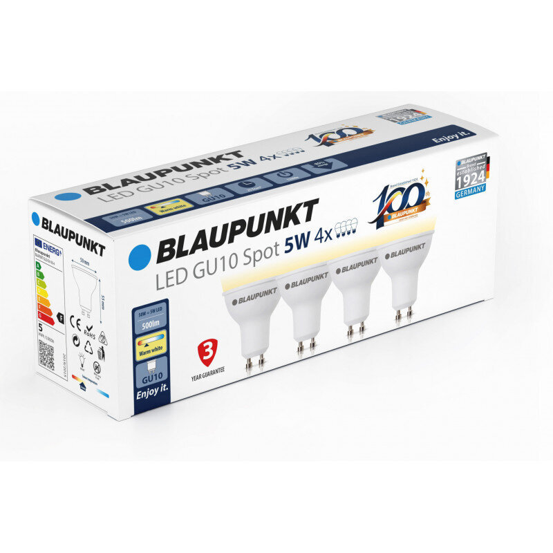 Blaupunkt LED lemputės GU10 5W 4vnt, šiltai balta kaina ir informacija | Elektros lemputės | pigu.lt