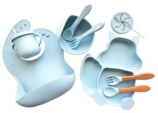 Vaikų silikoninių indų rinkinys, 10 vnt., šviesiai mėlyna voverė kaina ir informacija | Kūdikių indai, indeliai pienui ir įrankiai | pigu.lt