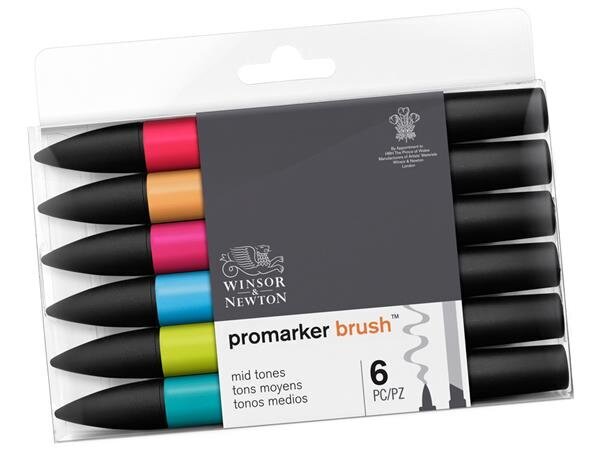 Žymeklių rinkinys alkoholio pagrindu W&N Promarker Brush, 6vnt., mid tones kaina ir informacija | Piešimo, tapybos, lipdymo reikmenys | pigu.lt