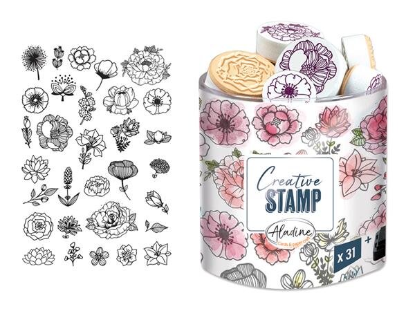 Antspaudų rinkinys Aladine Creative Stamp 33vnt. Flowers su juoda pagalvėle antspaudams цена и информация | Piešimo, tapybos, lipdymo reikmenys | pigu.lt