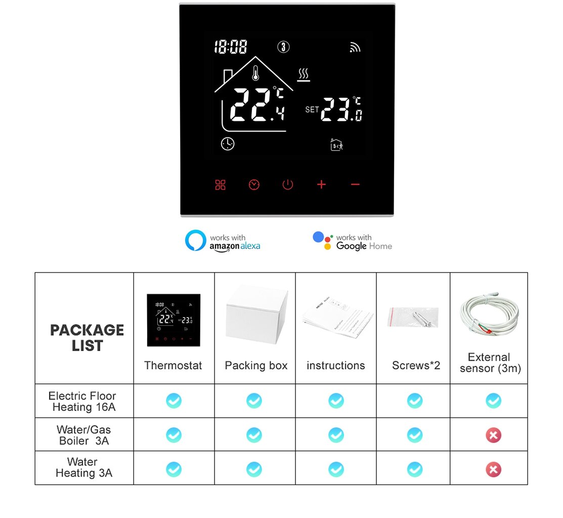 WiFi išmanusis termostatas su LCD ekranu ir jutikliniu ekranu dujiniam katilui kaina ir informacija | Laikmačiai, termostatai | pigu.lt