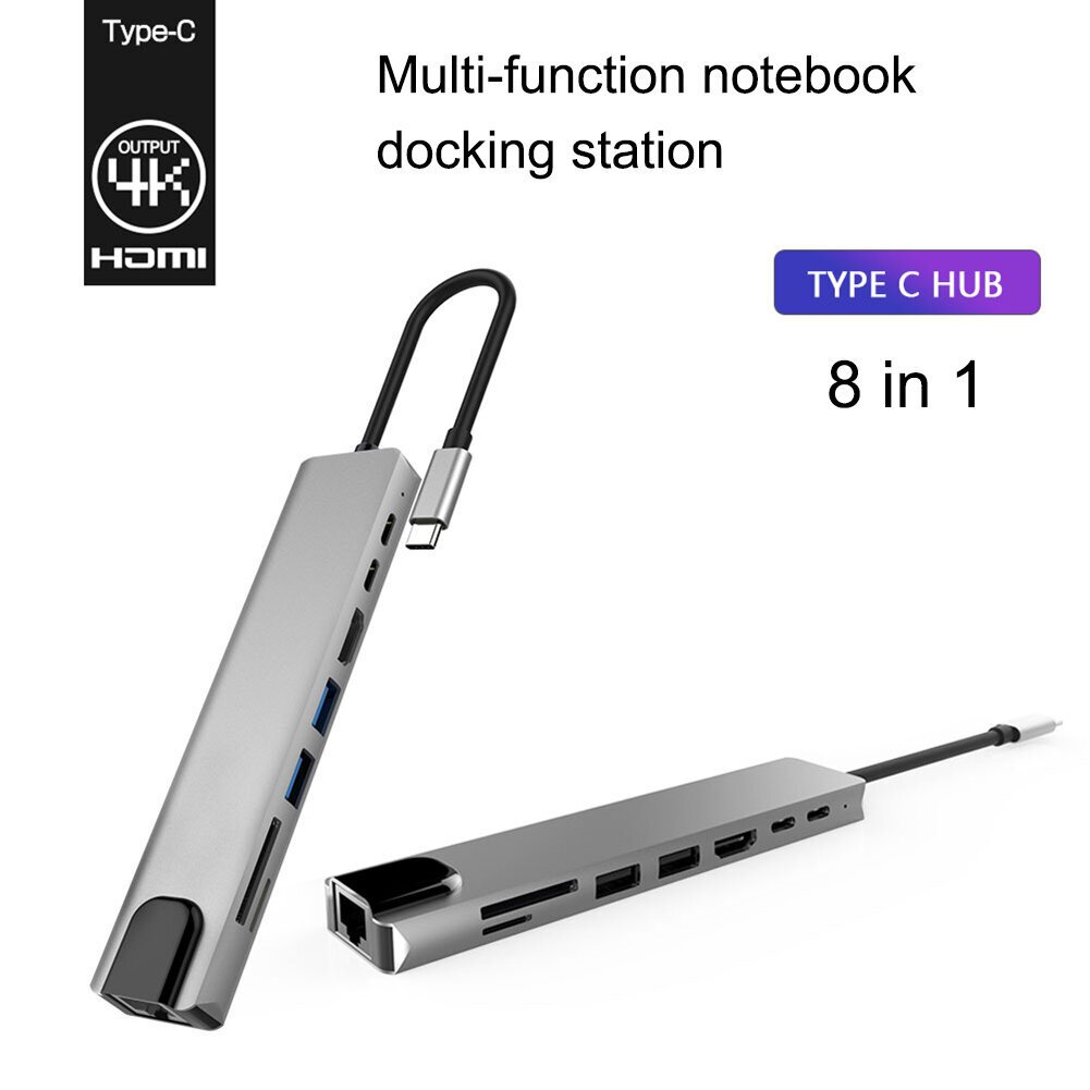 Šakotuvas Hub 8in1 USB C x2 / USB 3.0 x2 / RJ45 / HDMI / SD card reader / TF card reader kaina ir informacija | Adapteriai, USB šakotuvai | pigu.lt