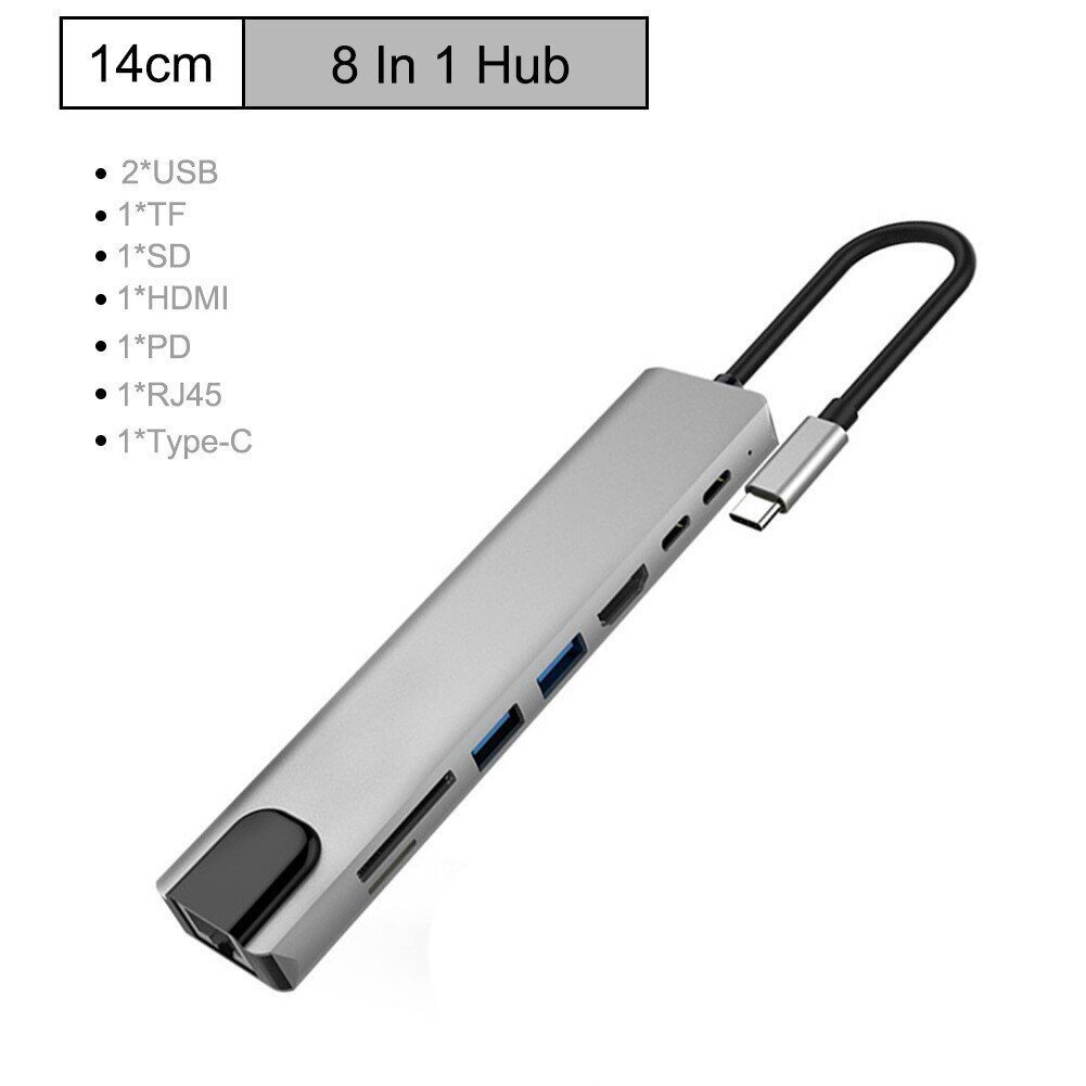 Šakotuvas Hub 8in1 USB C x2 / USB 3.0 x2 / RJ45 / HDMI / SD card reader / TF card reader kaina ir informacija | Adapteriai, USB šakotuvai | pigu.lt