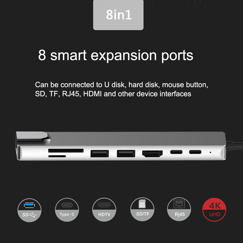 Šakotuvas Hub 8in1 USB C x2 / USB 3.0 x2 / RJ45 / HDMI / SD card reader / TF card reader kaina ir informacija | Adapteriai, USB šakotuvai | pigu.lt