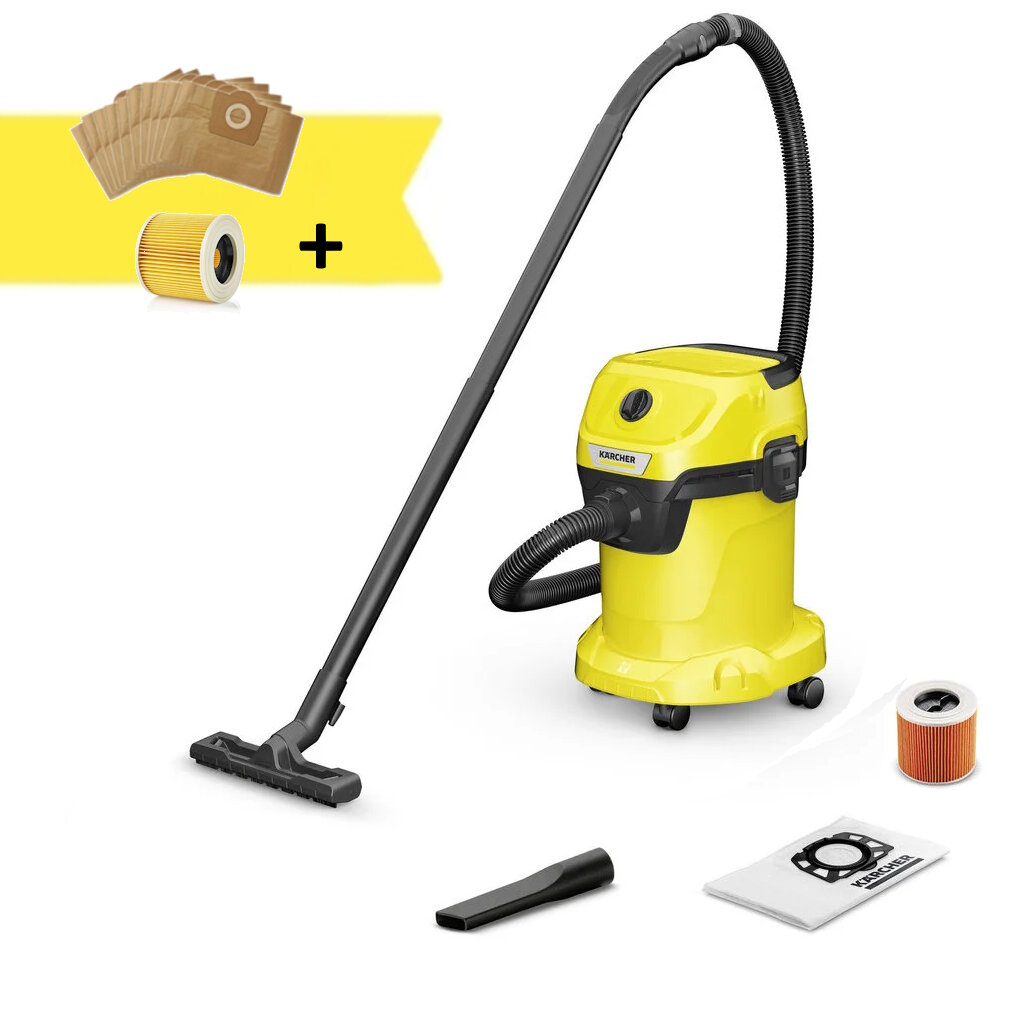 Karcher WD 3 V-17/4/20*EU + dulkių maišeliai 10vnt. + filtras kaina ir informacija | Dulkių siurbliai | pigu.lt