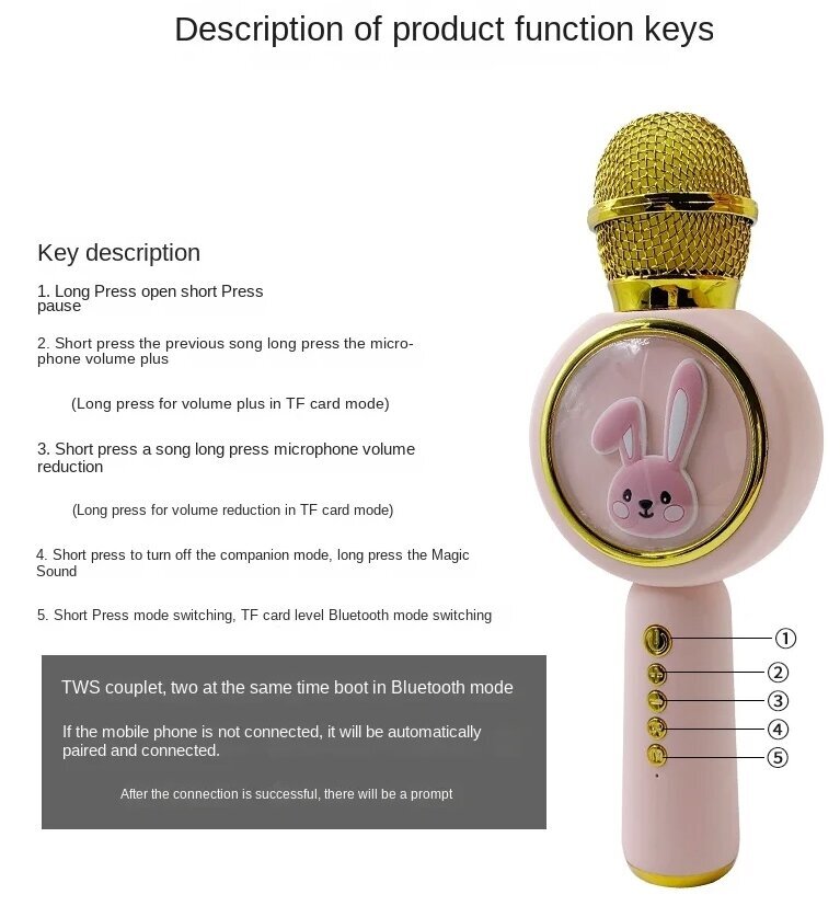 Šviečiantis Bluetooth TWS mikrofonas su garsiakalbiu, rožinis triušis kaina ir informacija | Lavinamieji žaislai | pigu.lt