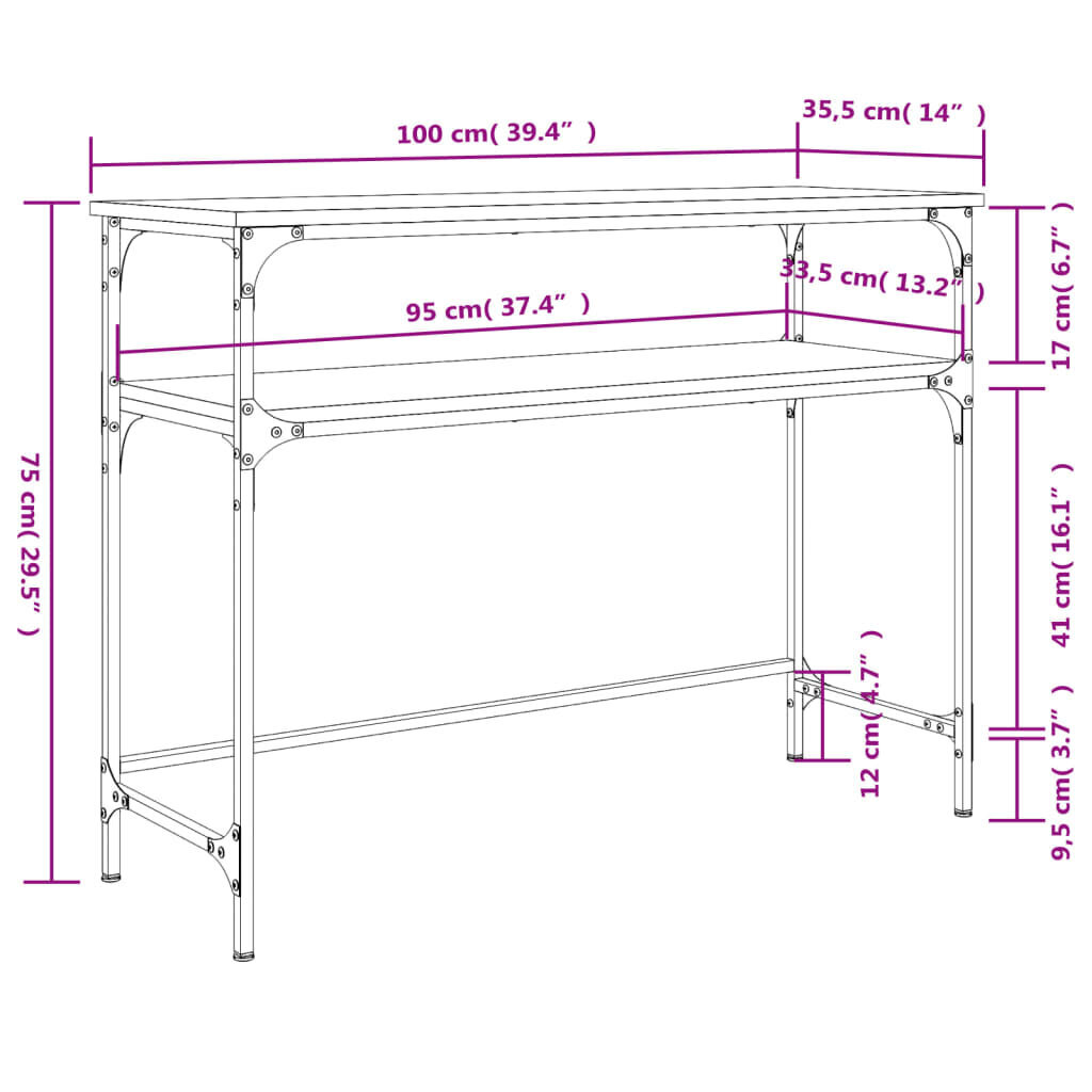 Staliukas vidaXL, 100x35,5x75 cm, pilkas/juodas kaina ir informacija | Stalai-konsolės | pigu.lt