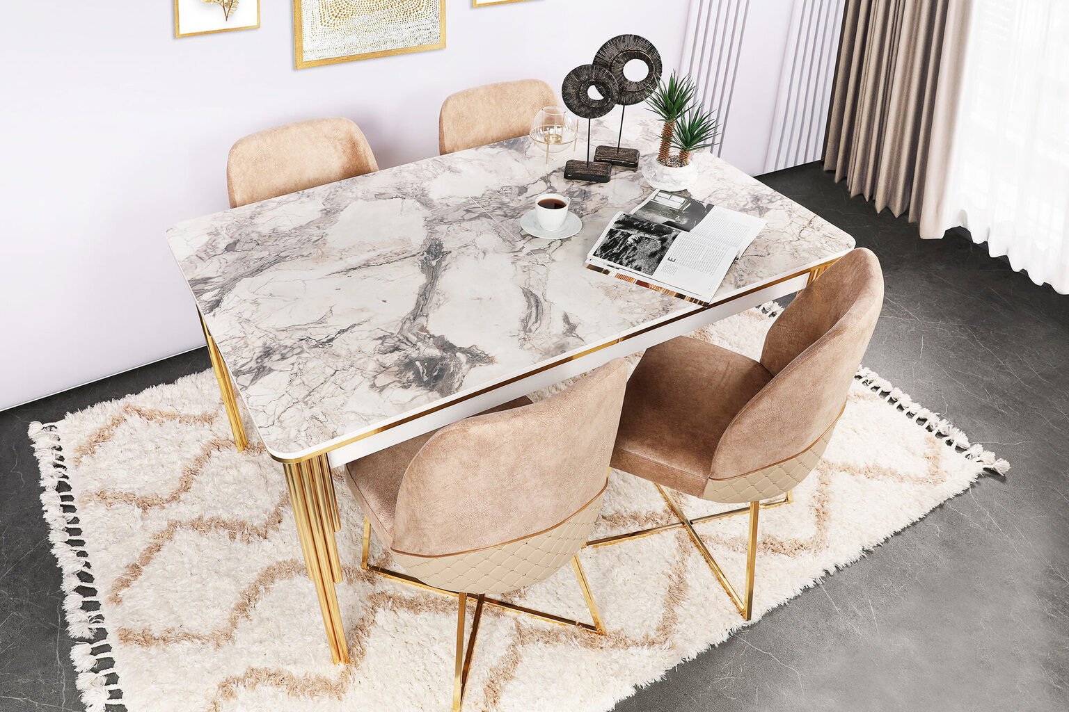 Stalas Kalunė Design Damla 1102, auksinis/baltas kaina ir informacija | Virtuvės ir valgomojo stalai, staliukai | pigu.lt