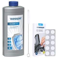 В комплект входят: средство для удаления накипи Wessper CleanMax 1л, чистящие таблетки Wessper CleanOil 10 шт. и шомпол для чистки. цена и информация | Аксессуары для кофейных аппаратов | pigu.lt