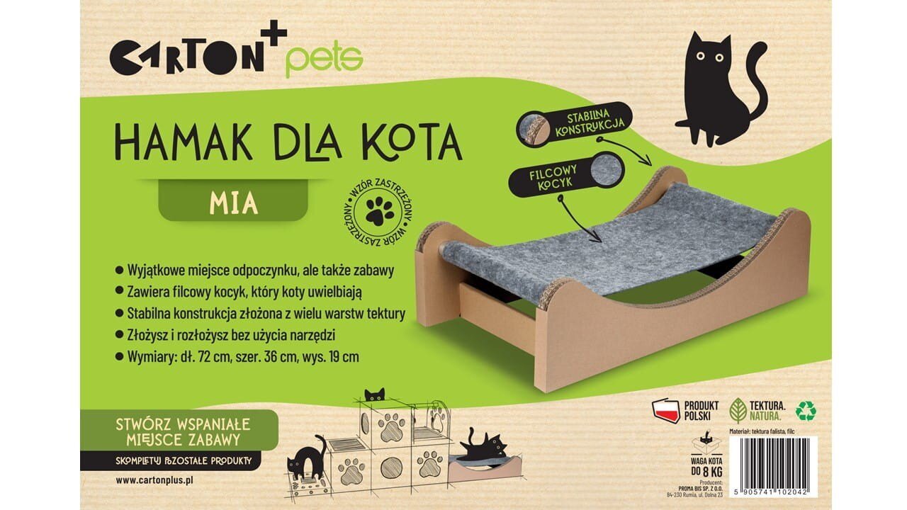 Hamakas katinui Carton+ Pets Mia, pilkas kaina ir informacija | Guoliai, pagalvėlės | pigu.lt