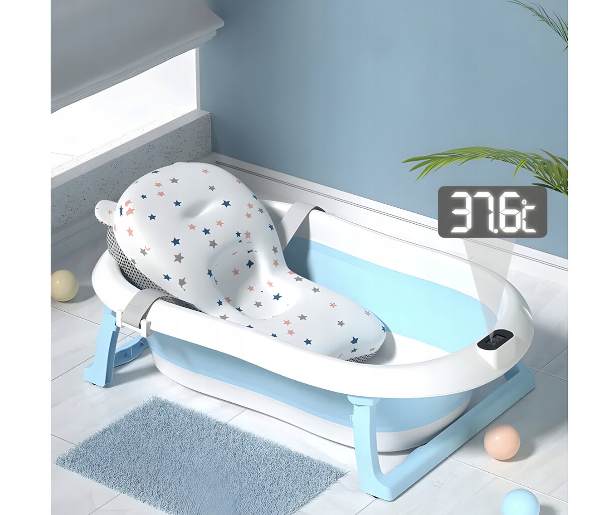 Sulankstoma kūdikio vonelė su termometru ir pagalvėle Xbay, mėlyna/balta kaina ir informacija | Maudynių priemonės | pigu.lt