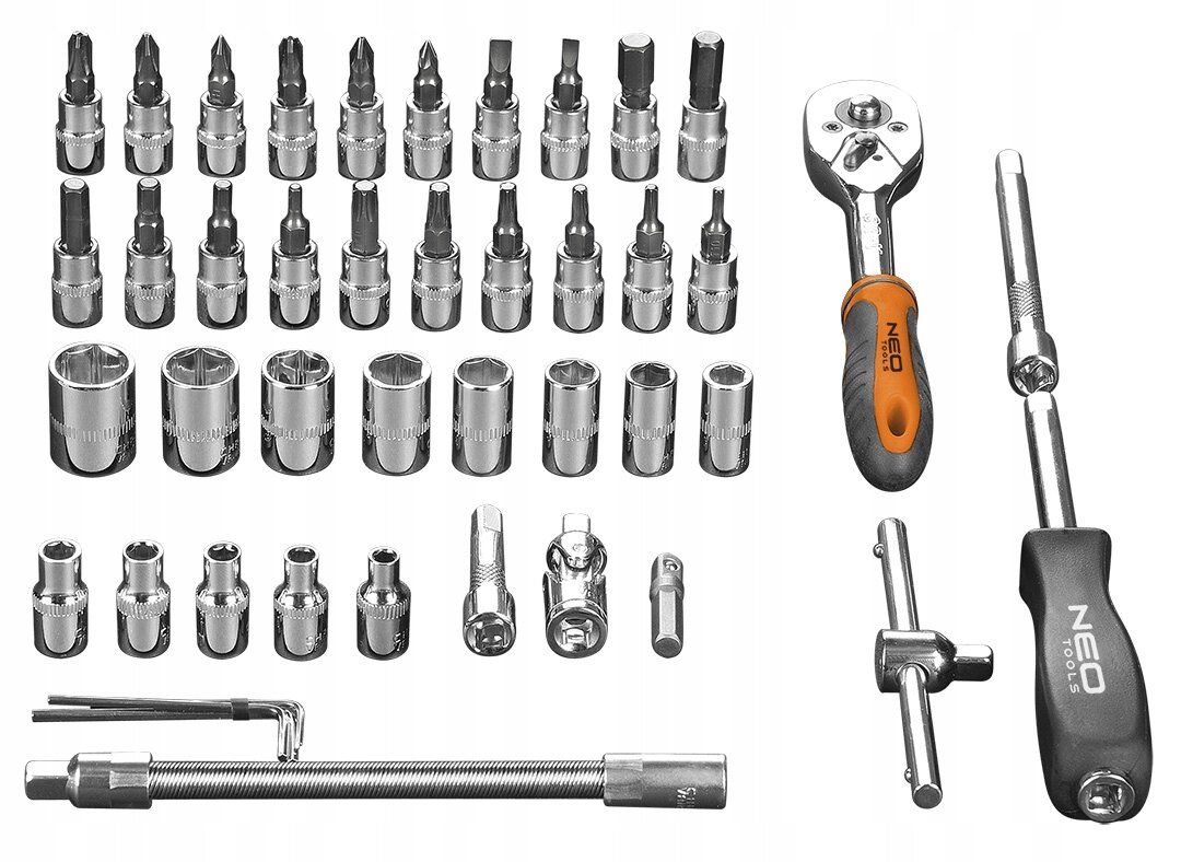 Galvučių ir raktų rinkinys Neo Tools 1/4", 46 vnt ir juosmens krepšys kaina ir informacija | Mechaniniai įrankiai | pigu.lt