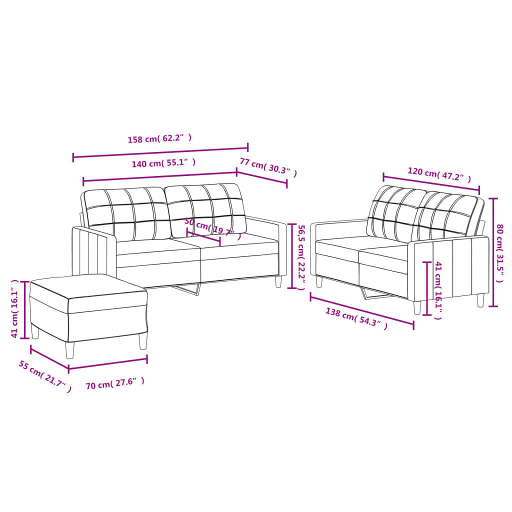 3-jų dalių sofos komplektas su pagalvėlėmis, vidaXL pilkas kaina ir informacija | Sofos | pigu.lt