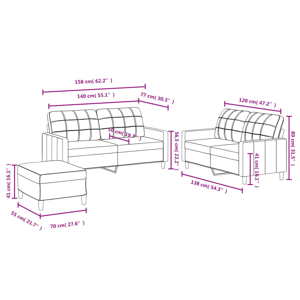 3-jų dalių sofos komplektas su pagalvėlėmis vidaXL, juodas kaina ir informacija | Sofos | pigu.lt