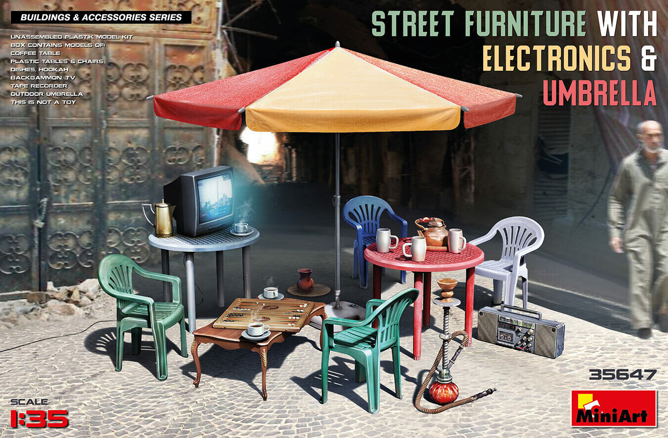 Klijuojamas Modelis MiniArt 35647 Street Furniture With Electronics & Umbrella 1/35 kaina ir informacija | Klijuojami modeliai | pigu.lt