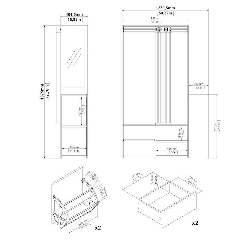 Prieškamabario spintelė Aatrium Kit, 127x40x197 cm, ruda kaina ir informacija | Prieškambario spintelės | pigu.lt