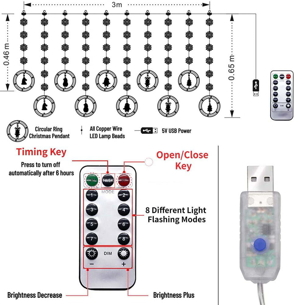 Kalėdinės lemputės su 10 apskritimų ir kalėdinėmis dekoracijomis apskritimuose, 3m, 120 LED, LIVMAN XY-006 kaina ir informacija | Girliandos | pigu.lt