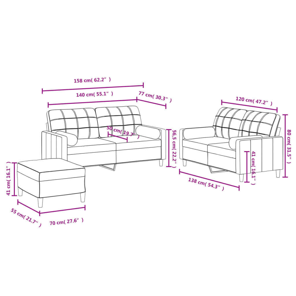 3-ių dalių sofos komplektas vidaXL, juodas kaina ir informacija | Sofos | pigu.lt
