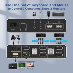 KVM-переключатель с расширенным дисплеем Arleedyn, 2 порта HDMI, поддержка EDID, 4K, 60 Гц , 3 порта USB, аудио порт цена и информация | Адаптеры, USB-разветвители | pigu.lt