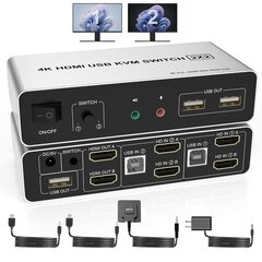 KVM-переключатель с расширенным дисплеем Arleedyn, 2 порта HDMI, поддержка EDID, 4K, 60 Гц , 3 порта USB, аудио порт цена и информация | Адаптеры, USB-разветвители | pigu.lt