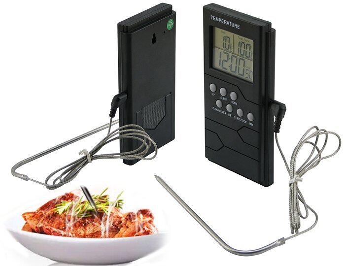Virtuvės termometras su laikrodžiu, žadintuvu ir dideliu LCD ekranu kaina ir informacija | Virtuvės įrankiai | pigu.lt