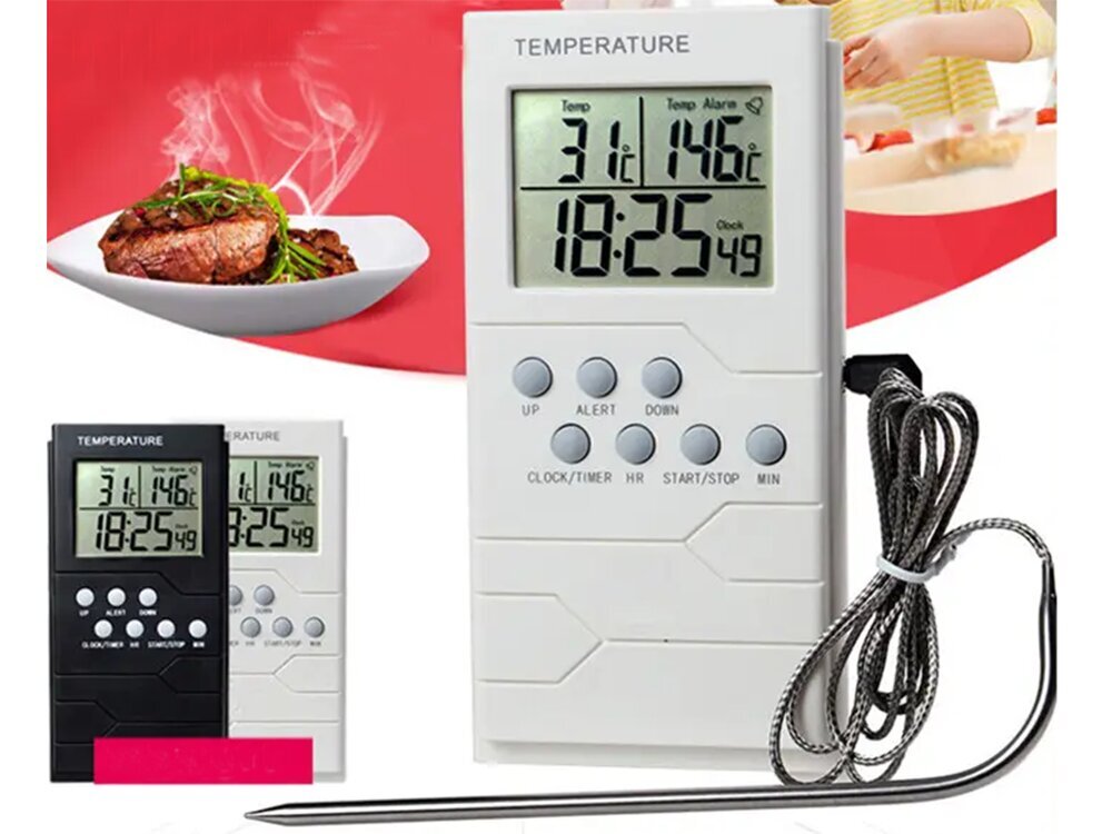 Virtuvės termometras su laikrodžiu, žadintuvu ir dideliu LCD ekranu kaina ir informacija | Virtuvės įrankiai | pigu.lt