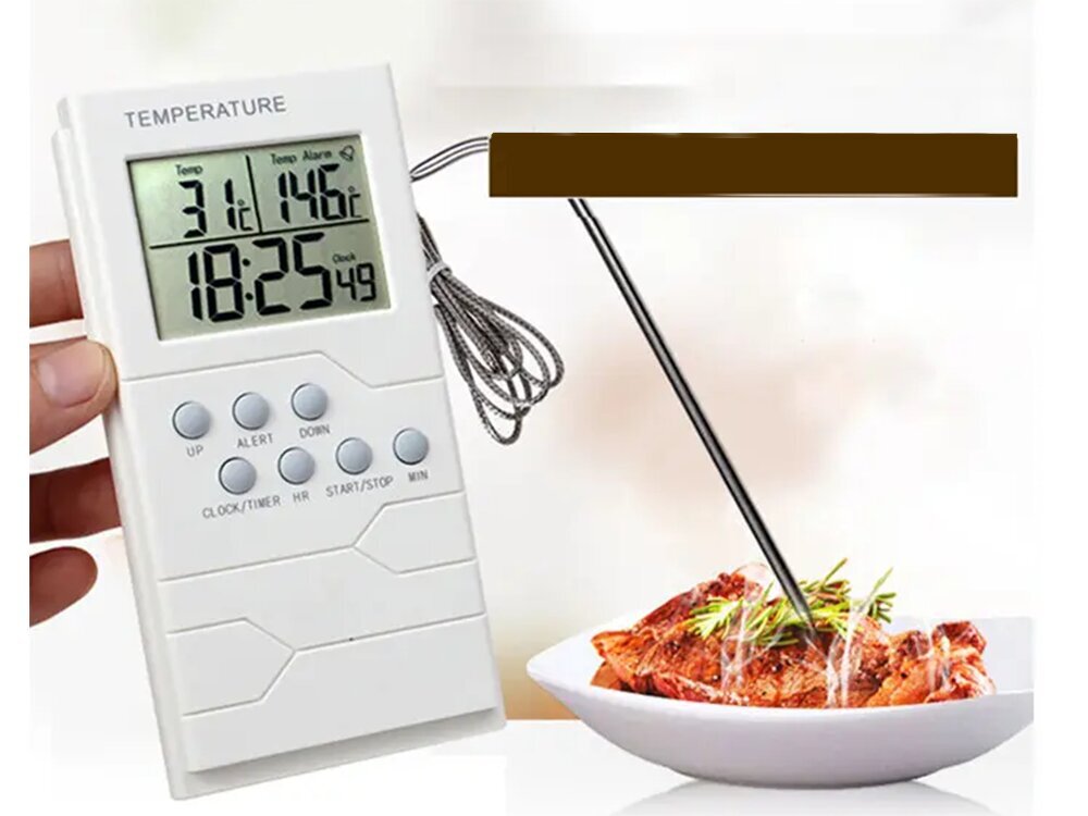 Virtuvės termometras su laikrodžiu, žadintuvu ir dideliu LCD ekranu цена и информация | Virtuvės įrankiai | pigu.lt