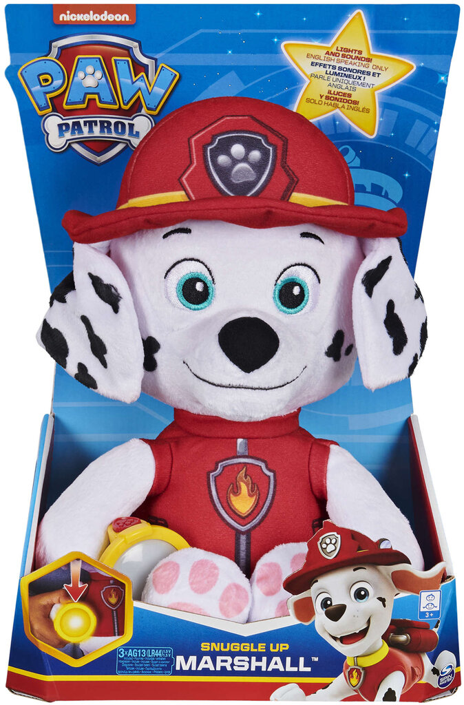 Kalbantis minkštas žaislas-naktinė lemputė Paw Patrol Marshall, 29cm цена и информация | Minkšti (pliušiniai) žaislai | pigu.lt